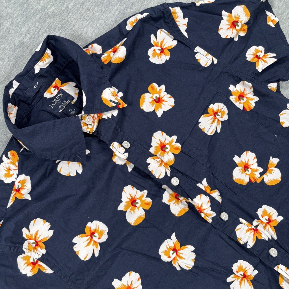 J.Crew Men Flex Washed Slim Fit Floral Short Sleeve Button Down Shirt Navy Small